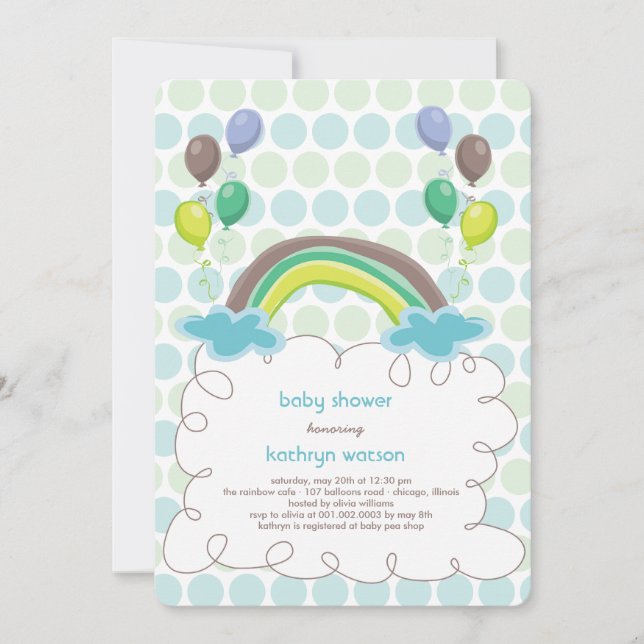 Rainbow & Blue Balloons Baby Boy Dusche Einladung (Vorderseite)