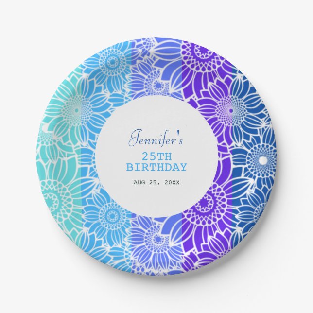 Rainbow Blue Stripes Floral Geburtstag Pappteller (Vorderseite)
