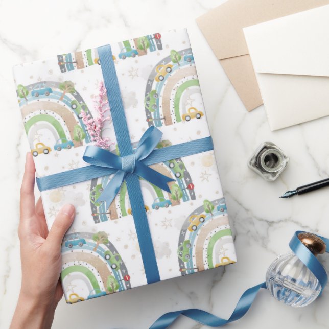 Rainbow Blue und Green mit Cars Street Signs Boy Geschenkpapier (Schenken)