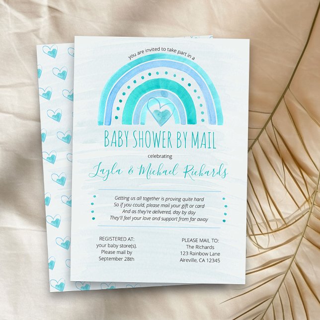 Rainbow Blue Watercolor Wash Baby Dusche von Mail Einladung (Blue Rainbow boy baby shower by mail invitation)