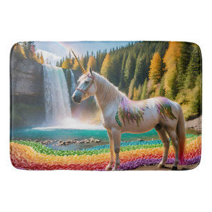 Rainbow Blume Einicorn Grüne Bäume Wasserfall Lake Badematte