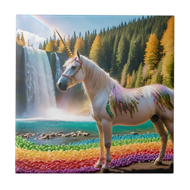 Rainbow Blume Einicorn Grüne Bäume Wasserfall Lake Fliese (Vorderseite)