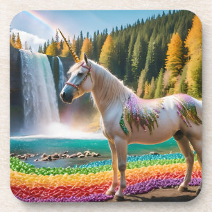 Rainbow Blume Einicorn Grüne Bäume Wasserfall Lake Getränkeuntersetzer