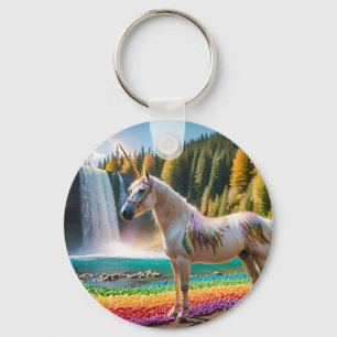 Rainbow Blume Einicorn Grüne Bäume Wasserfall Lake Schlüsselanhänger