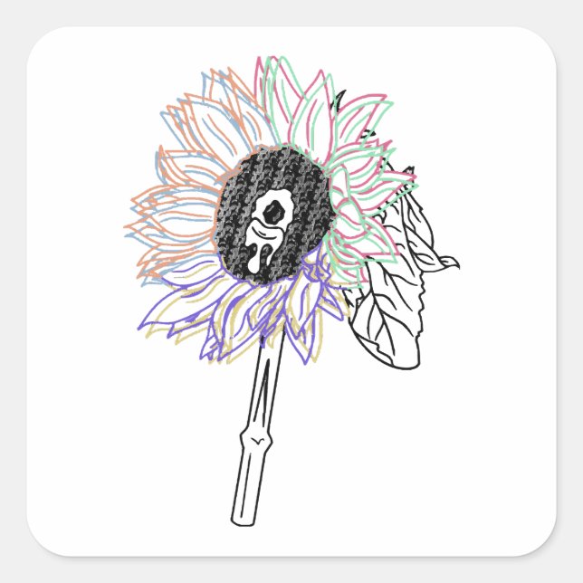 Rainbow Blume Funky Art Quadratischer Aufkleber (Vorderseite)