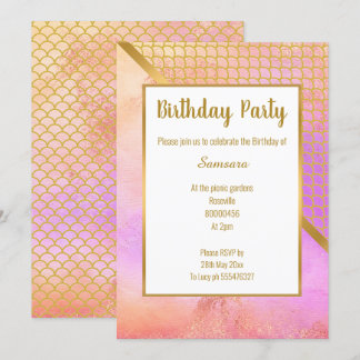 RAINBOW BLUR GOLD MERMAID SCALE GEBURTSTAG EINLADUNG