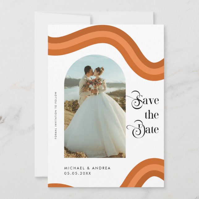 Rainbow Boho Arch Foto Retro Script 70er Wedding Save The Date (Vorderseite)