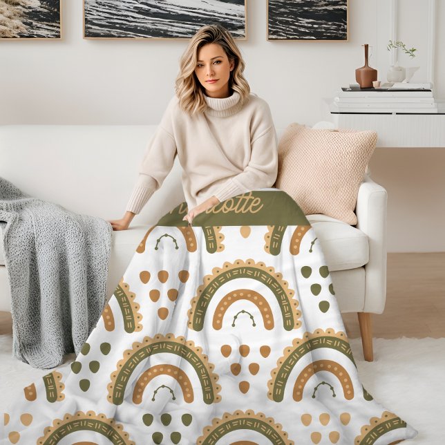 Rainbow Boho Personalisiert Green White Brown Fleecedecke (Rainbow Boho Personalized Green White Brown Fleece Blanket from Ricaso. Great custom gift idea )