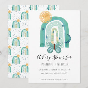 Rainbow Boho Watercolor Moderne Aquamarin Blue Sun Einladung