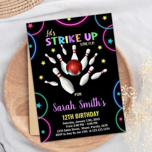 Rainbow Bowling Birthday Einladungen (Black Colors Rainbow Bowling Birthday Invitations)