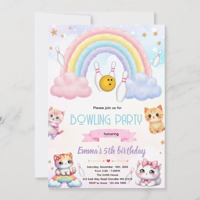 Rainbow bowling cat party invitation einladung (Vorderseite)