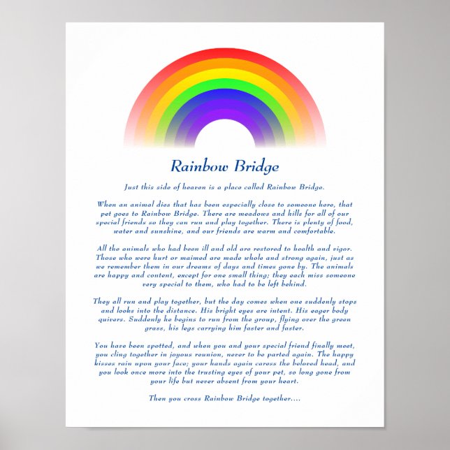 Rainbow Bridge Gedicht für den Verlust von Haustie Poster (Vorne)