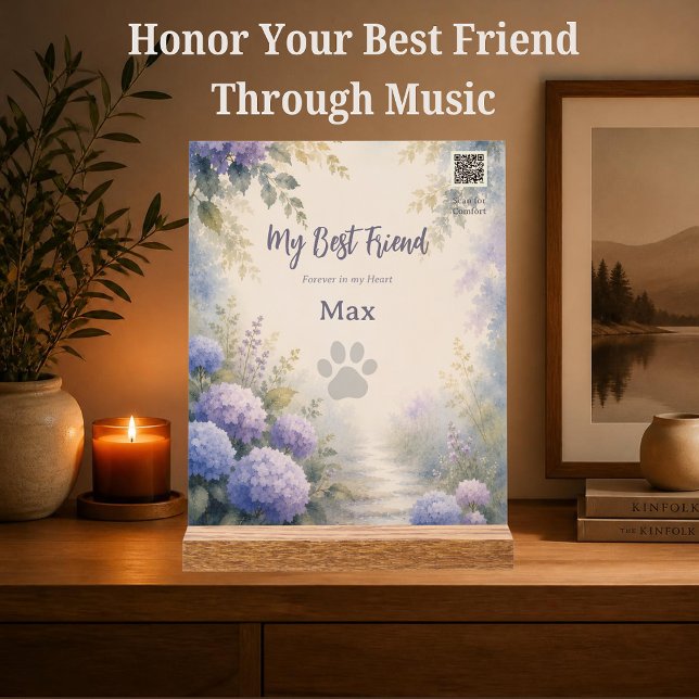 Rainbow Bridge Haustier-Gedenkstätte mit Spotify-P Acrylschild (Rainbow Bridge pet memorial with QR code linking to a curated Spotify playlist for grief.)