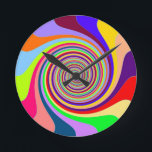 Rainbow bright psychedelic pop art candy swirl runde wanduhr<br><div class="desc">with a psychedelic rainbow swirl pattern inspirred by the 1960s and 1970s pop art moed, this brightly coloured, swirly spiral pattern is funky and uplifting and sure to make you smile.</div>
