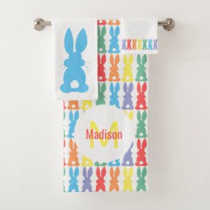Rainbow-Bunny-Muster Kids Monogramm Badhandtuch Set