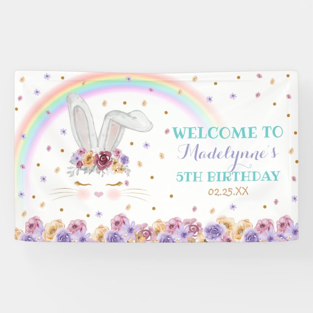Rainbow Bunny Wunny Floral Bunny Birthday Banner (Horizontal)