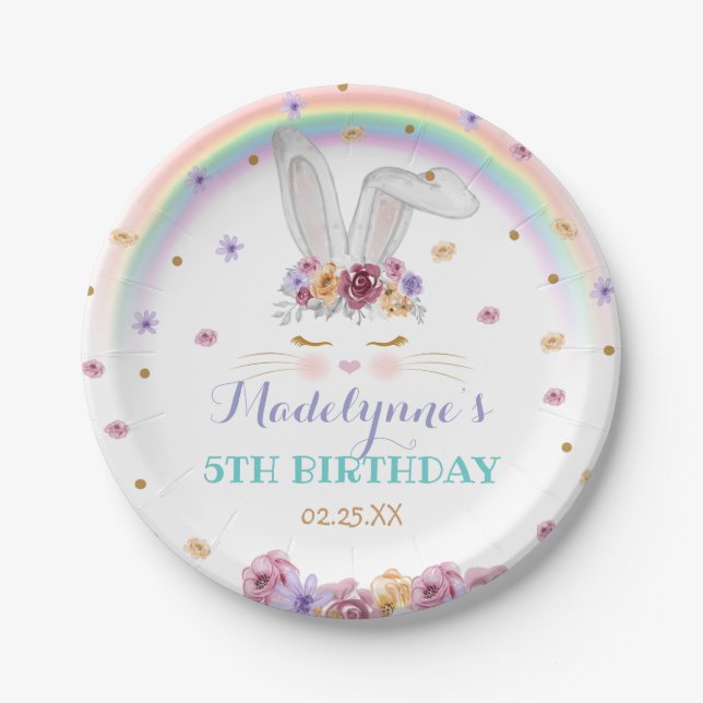 Rainbow Bunny Wunny Floral Bunny Birthday Pappteller (Vorderseite)