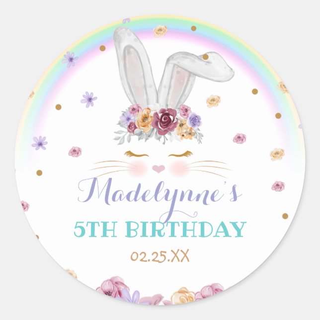 Rainbow Bunny Wunny Floral Bunny Birthday Runder Aufkleber (Vorderseite)
