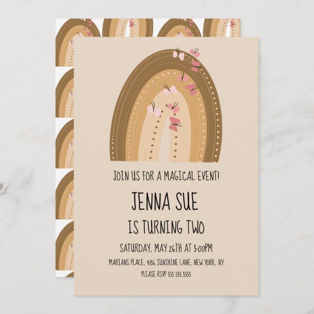 Rainbow Butterfells Bohemische Hand Drawn Geburtst Einladung (Vorne/Hinten)