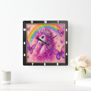 Rainbow Butterfly Magical Unicorn Quadratische Wanduhr