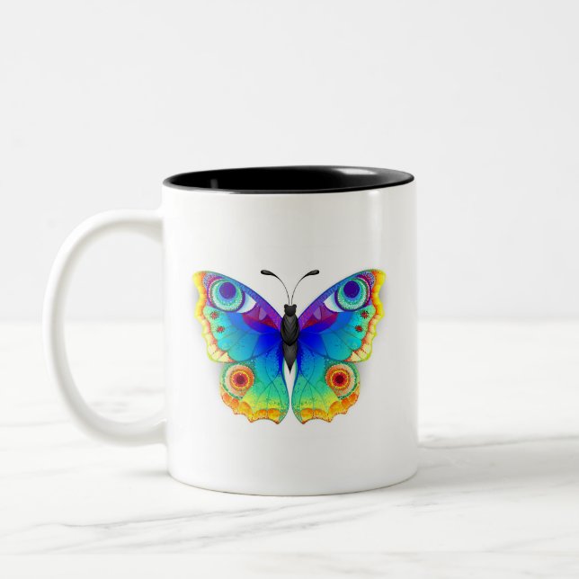 Rainbow Butterfly Peacock Eye Zweifarbige Tasse (Links)