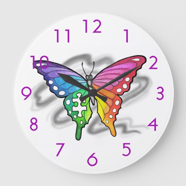 Rainbow Butterfly Wall Clock - Lila Große Wanduhr (Vorderseite)