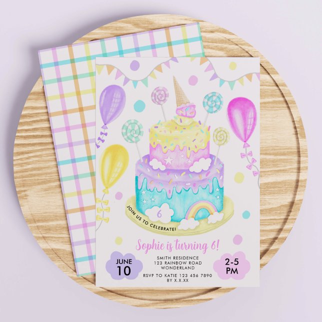 Rainbow Cake Birthday Party für Mädchen Einladung (Girls' Rainbow Cake Birthday Invitation)