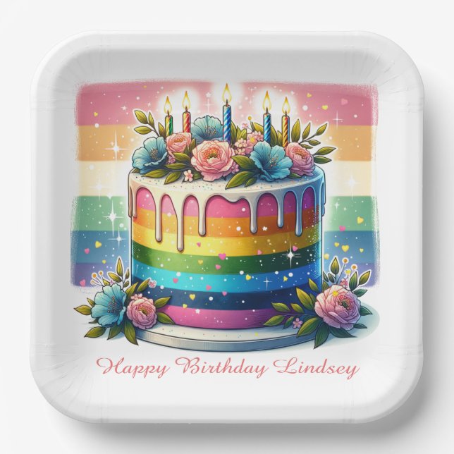 Rainbow Cake Happy Birthday Party Personalisiert Pappteller (Vorderseite)