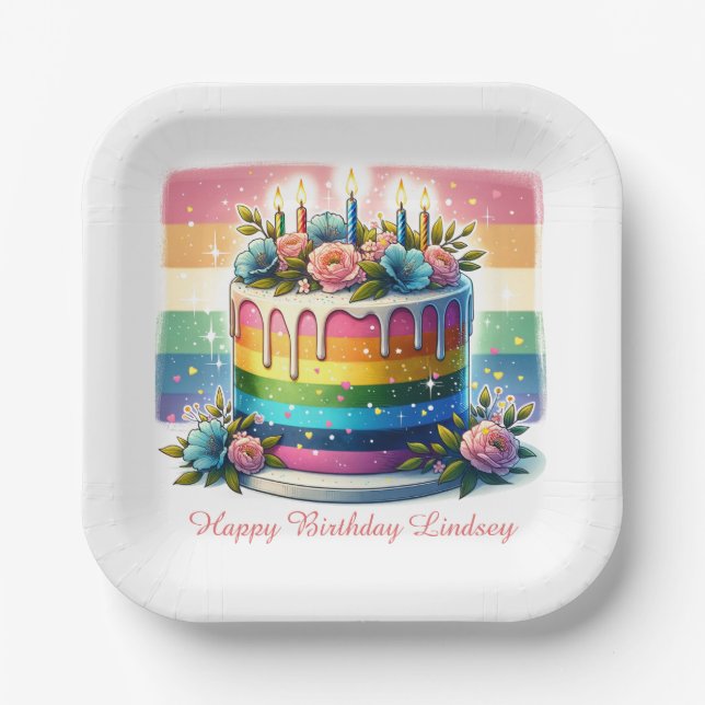 Rainbow Cake Happy Birthday Party Personalisiert Pappteller (Vorderseite)