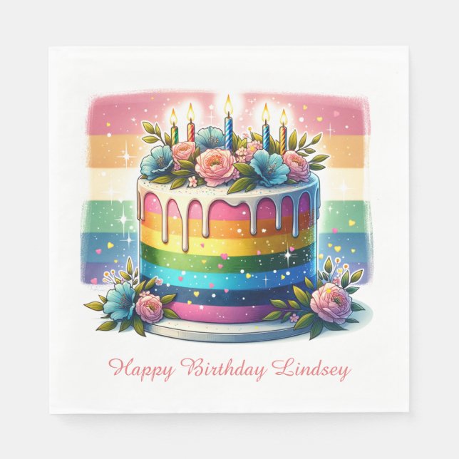 Rainbow Cake Happy Birthday Party Personalisiert Serviette (Vorderseite)