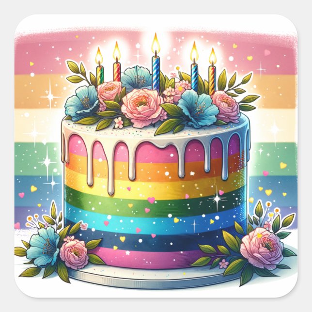 Rainbow Cake Happy Birthday Quadratischer Aufkleber (Vorderseite)