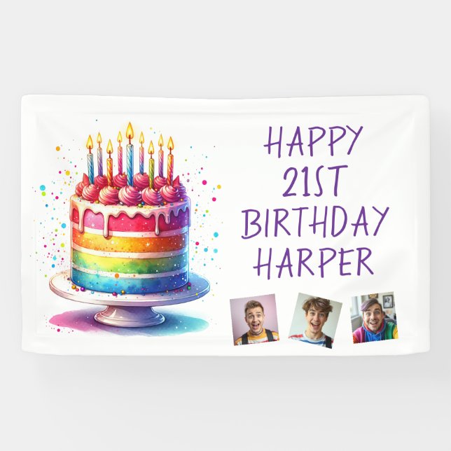 Rainbow Cake Personalized Photo Happy Birthday Banner (Horizontal)