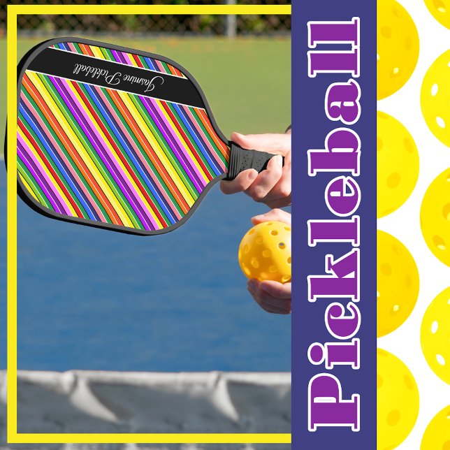 Rainbow Candy Cfarbred Strired Personalisiert Pickleball Schläger (Rainbow Candy Colored Striped Personalized Pickleball Paddle)