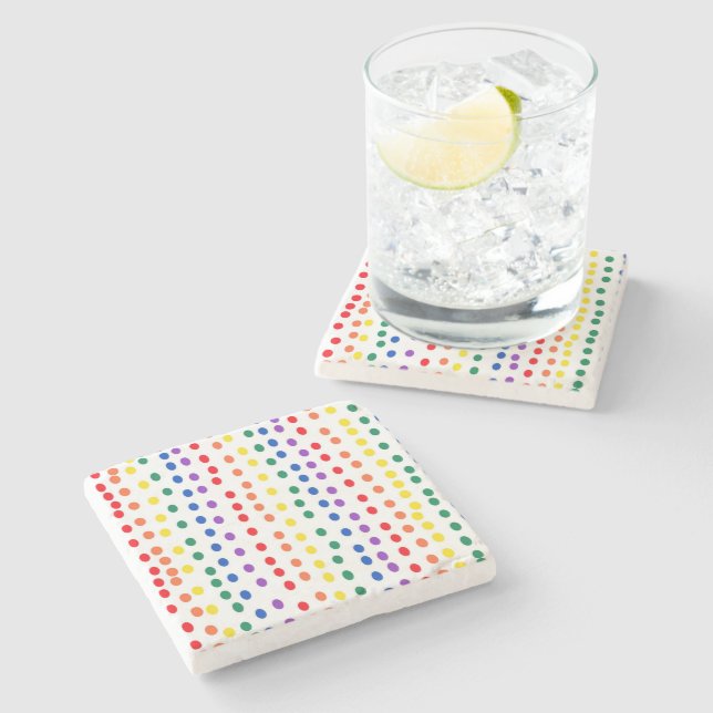 Rainbow Candy Dots auf Weiß Steinuntersetzer (Seitenansicht)