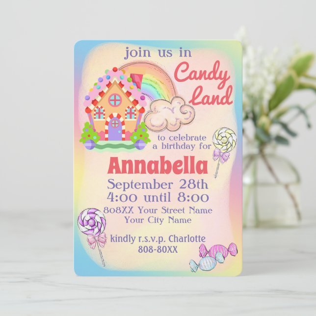 Rainbow Candy Land Party Einladung (Stehend Vorderseite)