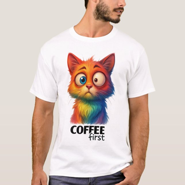 Rainbow Cat Coffee First Funny Art T-Shirt (Vorderseite)