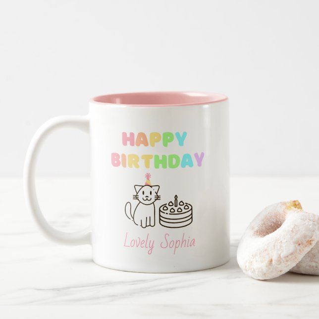 Rainbow&Cat Happy Birthday Zwei-Tone-Kaffee-Tasse Zweifarbige Tasse (Mit Donut)
