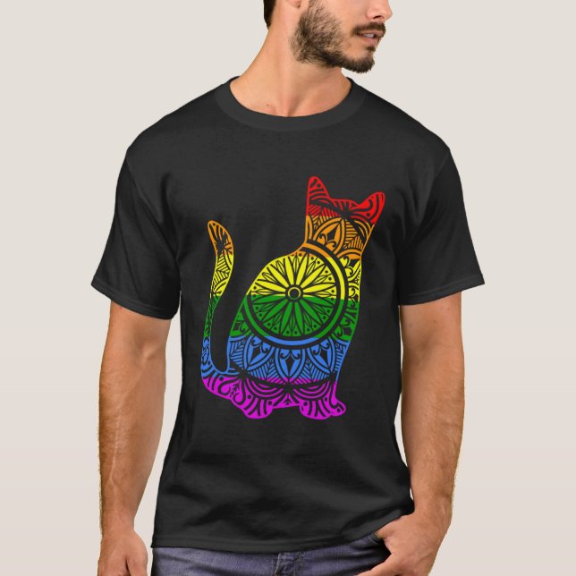 Rainbow Cat Kitty Mandala Lotus Blume Yoga Medita T-Shirt (Vorderseite)