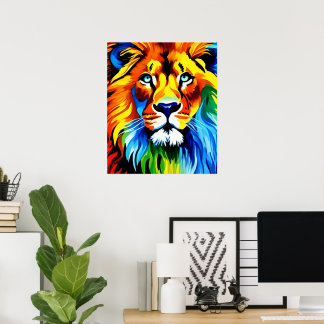 Rainbow Cat Lion Poster - Fantasy Digital Art Prin
