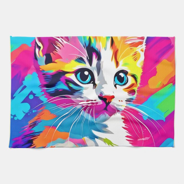 Rainbow Cat: Vivid Portrait Geschirrtuch (Horizontal)