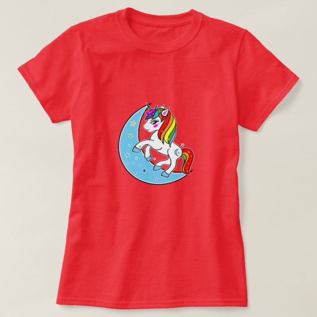 Rainbow Celestial Blue Moon & Stars Unicorn T-Shirt (Design vorne)
