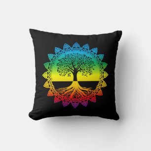 Rainbow Celtic Tree of Life on Black Throw Pillow Kissen