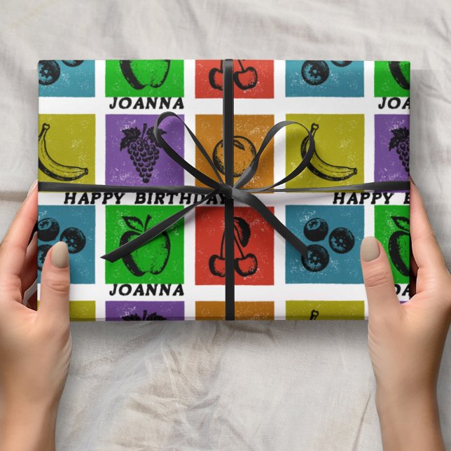Rainbow Checker Fruit Stamps Happy Birthday Name  Geschenkpapier (Von Creator hochgeladen)