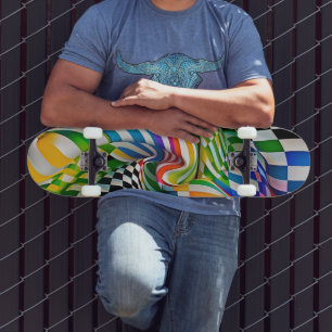 Rainbow Checkerboard & Stripes Digitale Kunst Skateboard