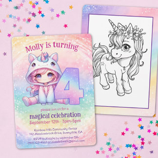Rainbow chibi girl, Unicorn, 4. Geburtstag Einladung