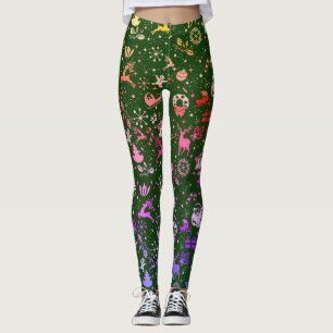 Rainbow Christmas Element Muster Green Leggings