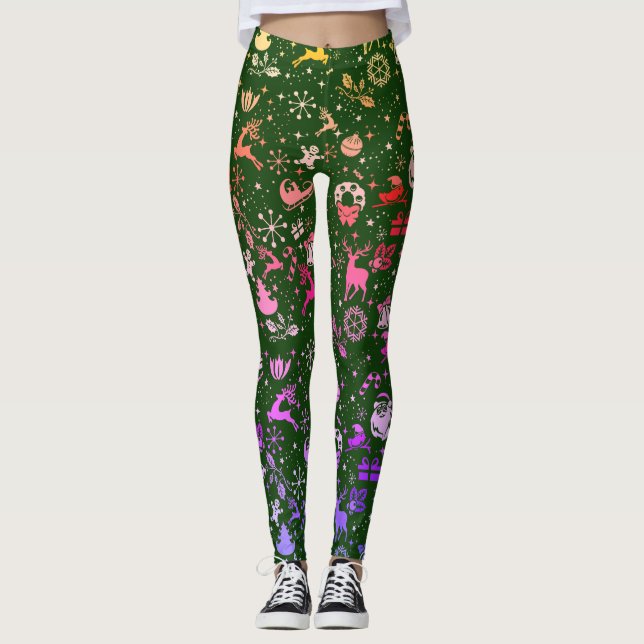 Rainbow Christmas Element Muster Green Leggings (Vorderseite)