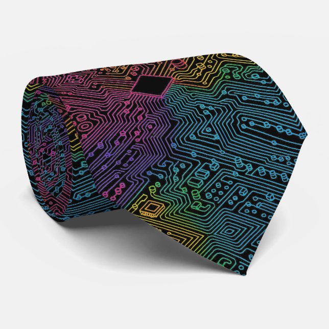 Rainbow Circuit Board Necktie – Colorful Tech Geek Krawatte (Gerollt)