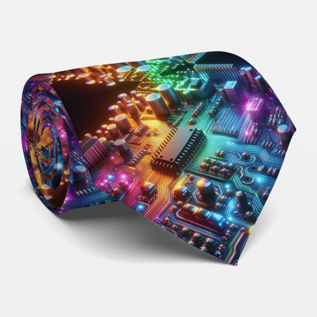 Rainbow Circuit Board Necktie – Colorful Tech Geek Krawatte (Gerollt)