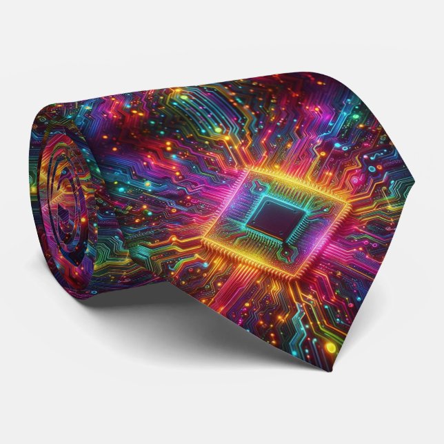 Rainbow Circuit Board Necktie – Colorful Tech Geek Krawatte (Gerollt)